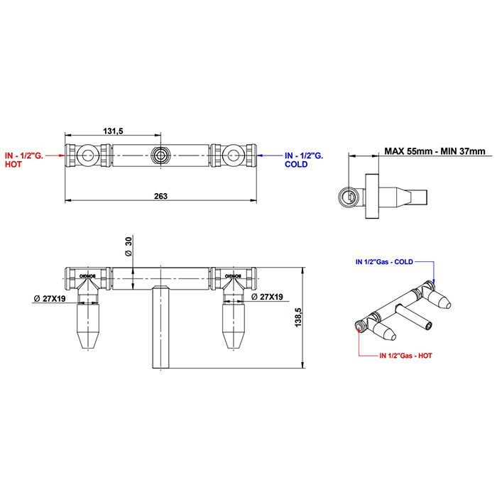 BONGIO T CROSS Встроенная часть настенного смесителя для раковины на 3 отверстия, артикул 09767/T
