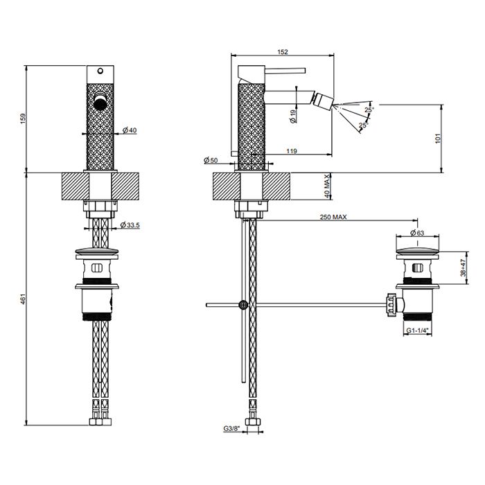 GESSI 316 Смеситель для биде на 1 отверстие с донным клапаном, излив 118мм, цвет: brushed black metal pvd