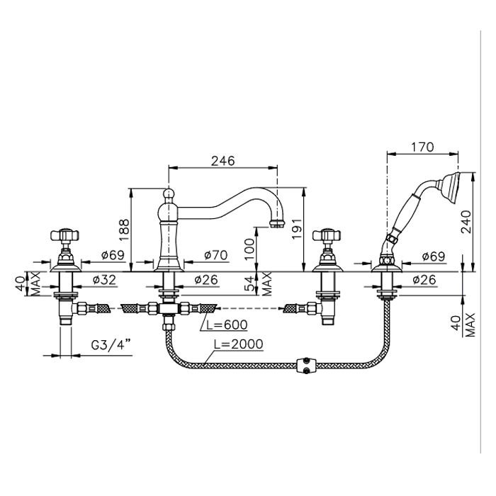 Nicolazzi Half Dome  Смеситель для ванны на 4 отверстия, изливом 246мм и ручным душем, цвет: хром