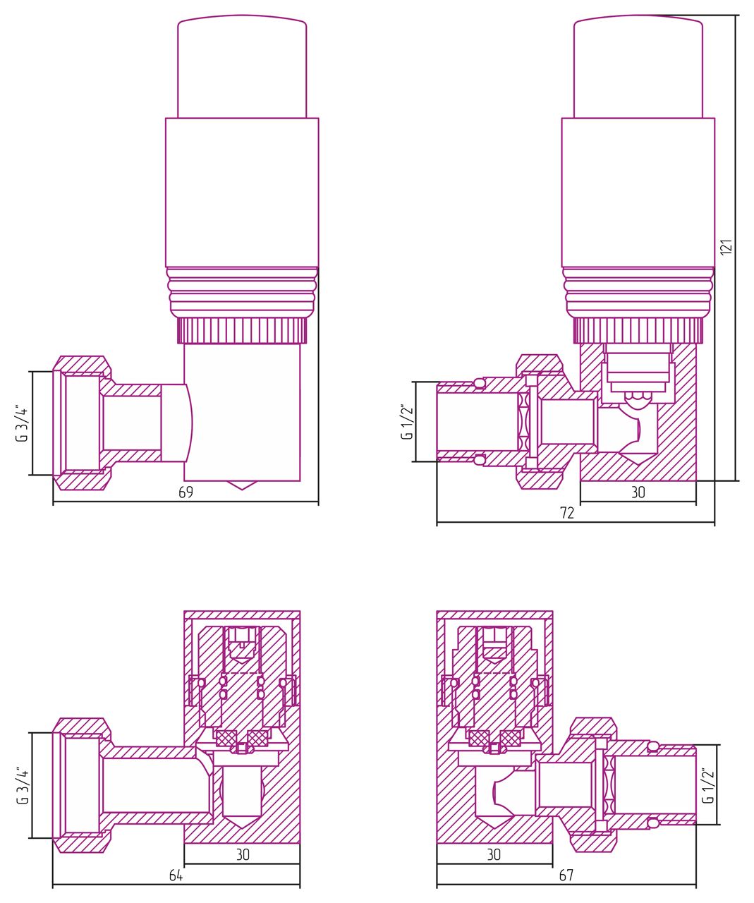 Автоматический терморегулятор 3D правый G 1/2" НР х G 3/4" НГ (набор) (Состаренная ЛАТУНЬ), артикул 051-1422-0000