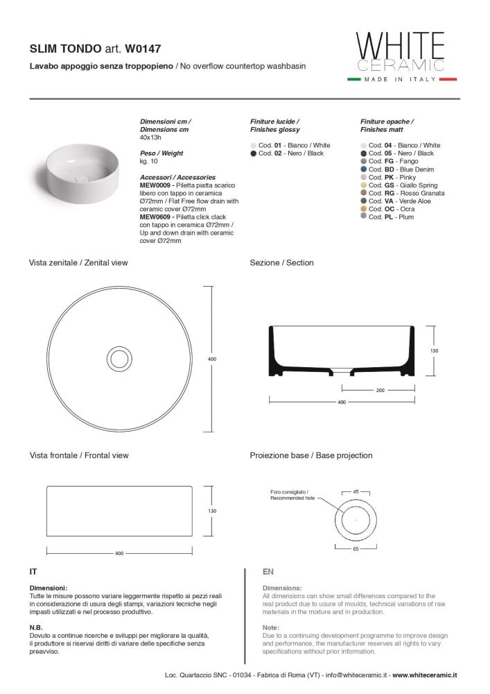 White Ceramic Slim, накладная круглая раковина Ø40x13h см, цвет серый матовый, артикул W0147FM