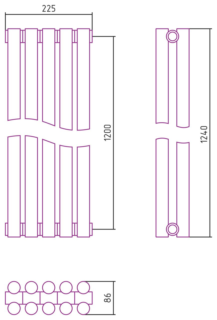 Отопительный радиатор ЭСТЕТ-11 н/ж 1200х225 / 5 сек (Матовый ЧЁРНЫЙ)