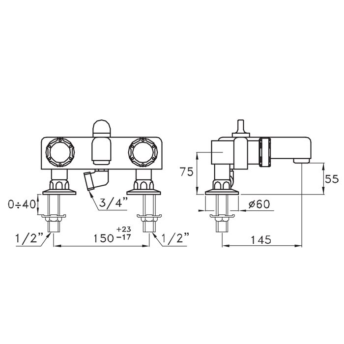 Stella Timeaster Смеситель на борт ванны на 2 отверстия 3267RG, круглая ручка d=52мм, цвет: хром, ручка черная