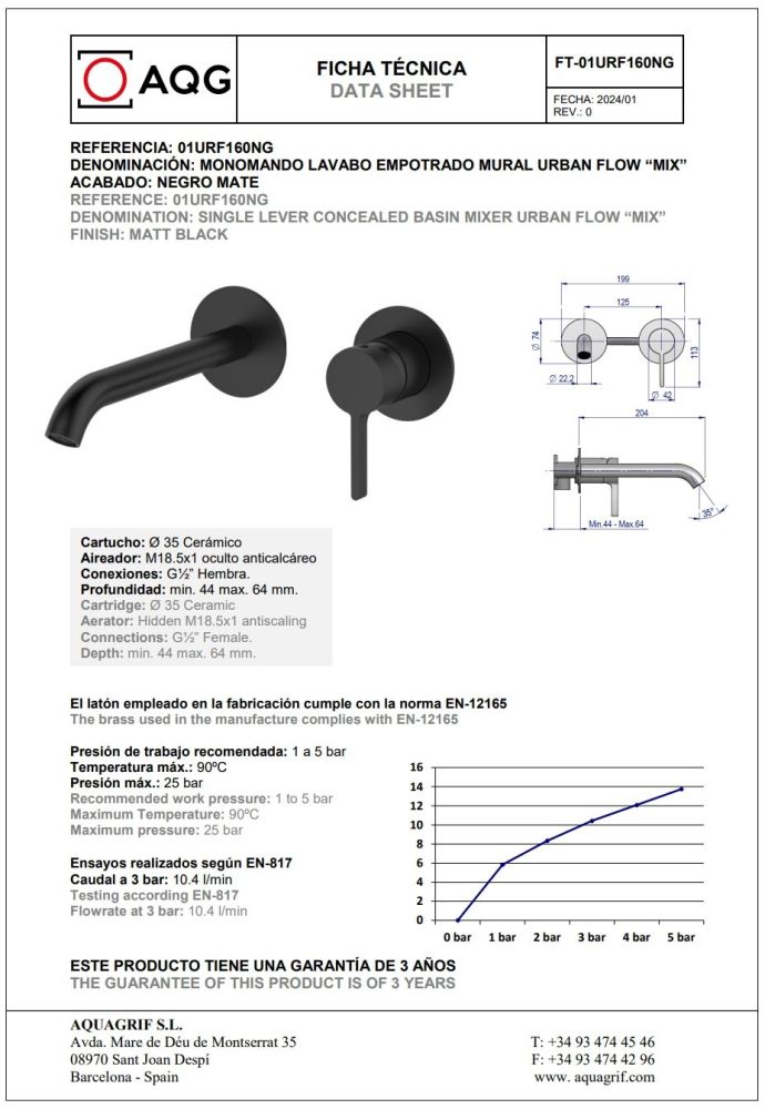 AQG Urban Flow Two, встраиваемый в стену однорычажный смеситель для раковины, цвет черный матовый, артикул 01URF160NG