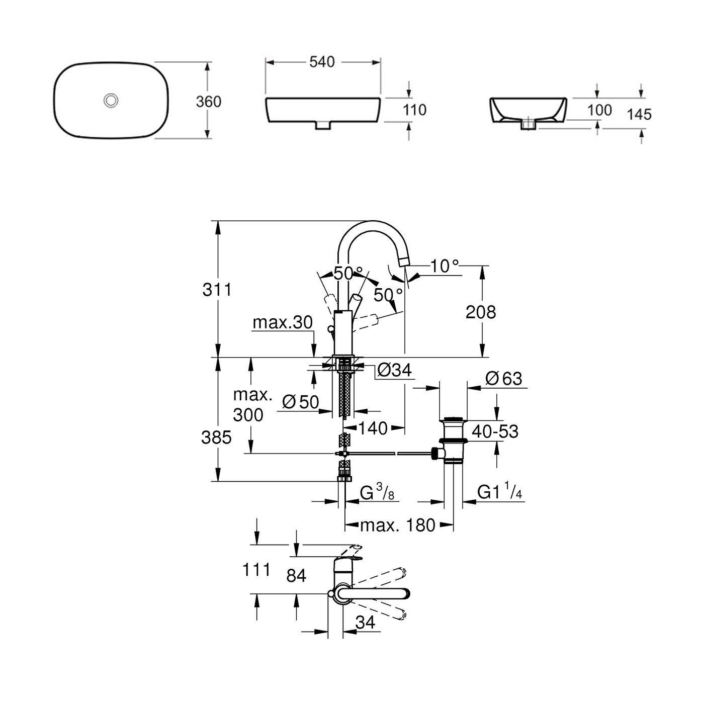 Комплект 2 в 1 Lavinia Boho Bathroom Sink 21510190, накладная фарфоровая раковина 54 см, смеситель с донным клапаном