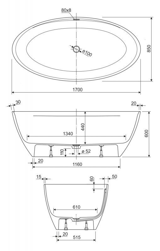 Ванна из искусственного мрамора CEZARES TITAN-OVAL-170-85-57