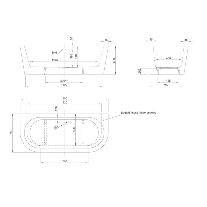 KNIEF WALL Ванна пристенная 1800х800х600 мм., с щелевым переливом, с креплением, без сл-перелива, цвет белый матовый