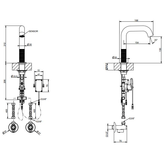 GESSI 316 TRAME Смеситель для раковины, электронный, с кран-фильтром для регулировки температ и напора воды, высота излива 150 мм., цвет Steel Brushed