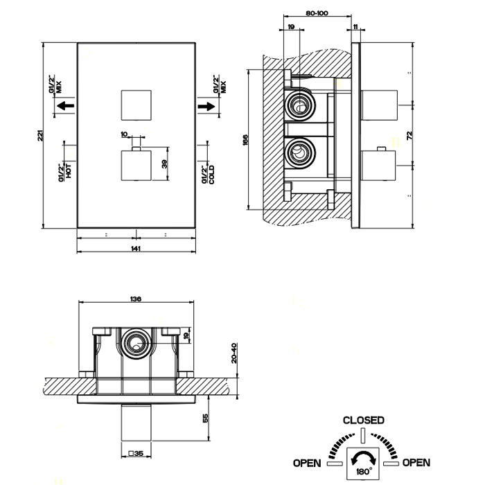 Gessi Rettangolo Встраиваемый термостат, подключение на 3/4”, с переключателем на 2 выхода(внешние части), цвет: хром