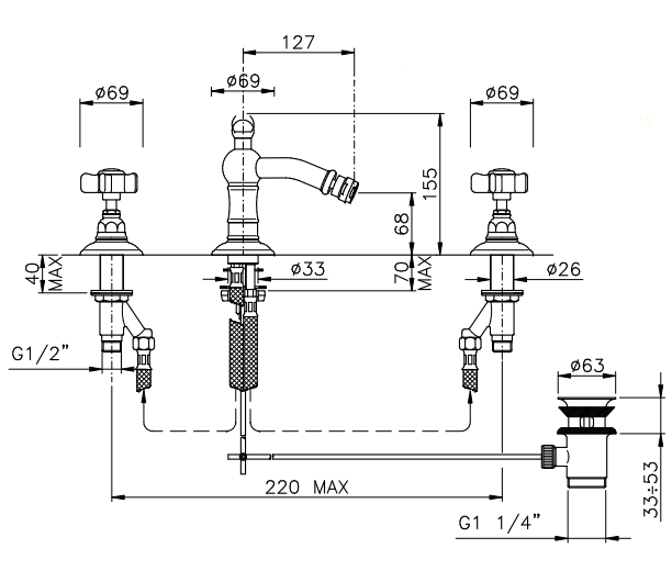 Nicolazzi Dames Anglaises Смеситель для биде на 3 отверстия, с донным клапаном, излив: 127мм, цвет: хром