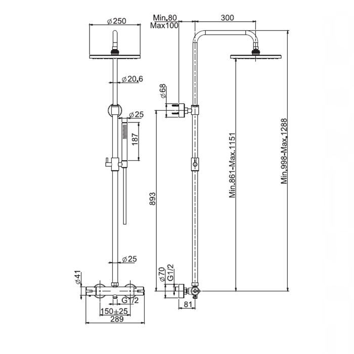 FIMA|Carlo Frattini Wellness Смеситель для душа внешнего монтажа, термостатический, с душевой стойкой, верхним душем Ø 250 мм. и душ компл, цвет хром