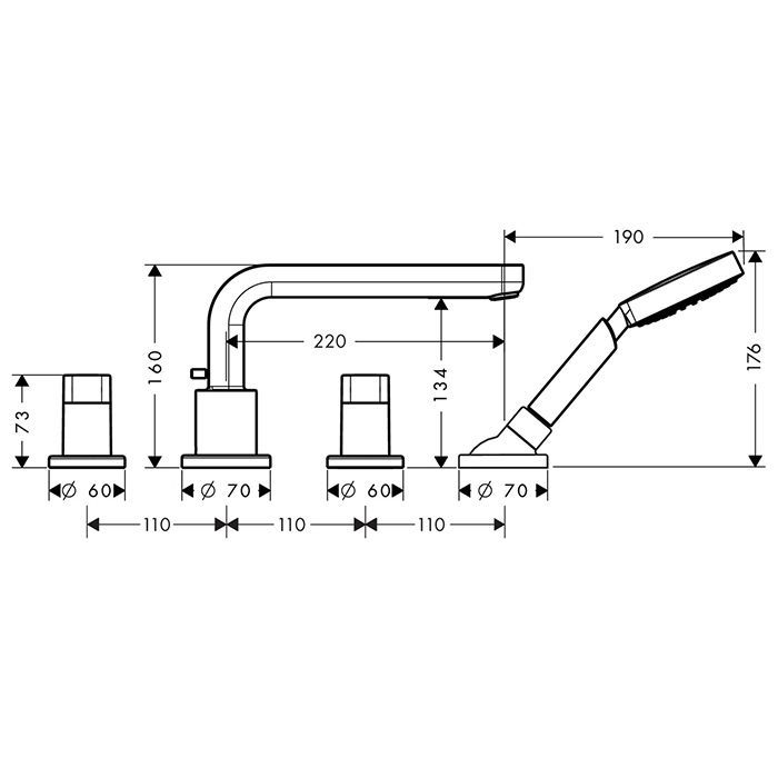 HG Metris S Смеситель на край ванны, на 4 отв., излив 220мм, ручной душ 3jet, цвет: хром HG Metris S Смеситель на край ванны, на 4 отв., излив 220мм, ручной душ 3jet, цвет: хром