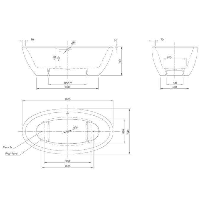 KNIEF Loom Ванна отдельностоящая 190*95*60см без слива-перелива, c комплектом крепления к полу, цвет: белый матовый