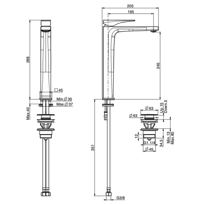 Смеситель для раковины, Fima Carlo Frattini, Zeta, тип открывания воды-однорычажный, монтаж-на раковину/столешницу, отверстия для монтажа-1, высота, мм-288, вынос излива, мм-165, донный клапан-есть, тип подводки-гибкий, стандарт подвода воды-3/8", цвет-хр