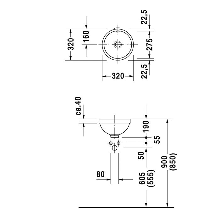 Duravit Architec Раковина  встр., для встраивания снизу, с перел., без площадки под смес., глазуровка снизу,включая крепление под столешницу, Ø 275мм,