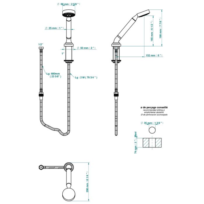 THG BAGATELLE PIERRE NOIRE Ручной душ для установки на борт ванны, в комплекте со шлангом 2000 мм., цвет полированное золото