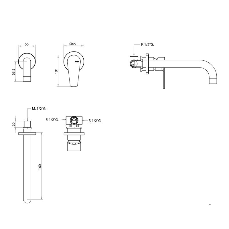 Bongio Pi7 Встраиваемый смеситель для раковины, излив 220 мм, цвет хром
