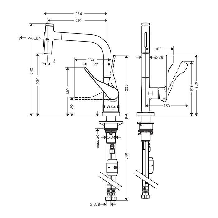 AX CitterioКухонный смеситель  230 с выт.душем, цвет сталь AX CitterioКухонный смеситель  230 с выт.душем, цвет сталь