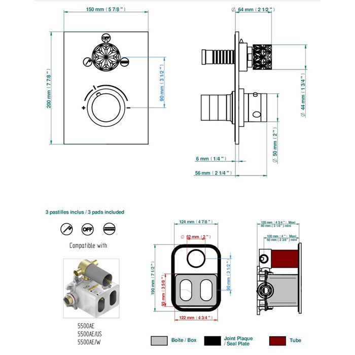 THG NIHAL PORCELAINE IVOIRE Смеситель для душа встраиваемый, термостатический, с переключателем на 2 положения, внешняя часть, цвет Soft gold