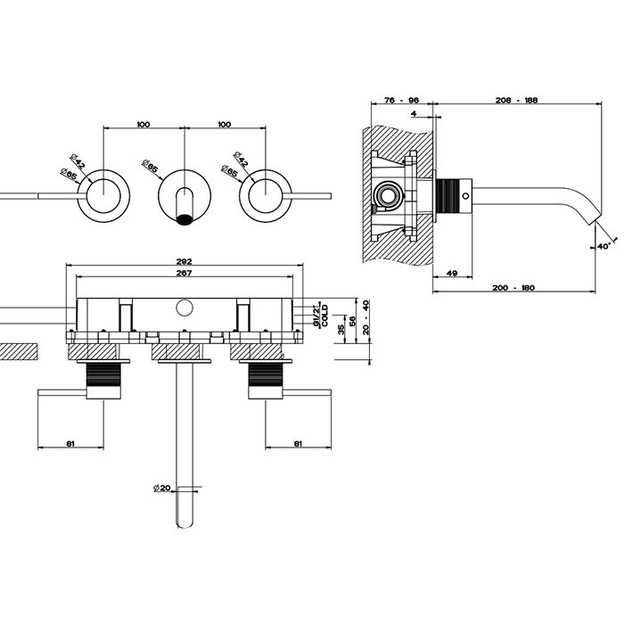 GESSI 316 Встраиваемый смеситель для раковины на 3 отверстия, излив 200-180мм (внешние части), цвет: brushed black metal pvd