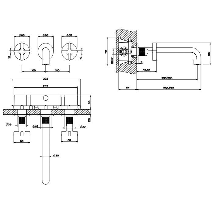 GESSI INCISO Встраиваемый смеситель для раковины на 3 отверстия с изливом 255-235мм (внешние части), цвет: золото