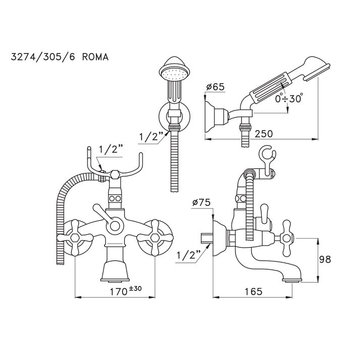 Stella Roma Смеситель для ванны 3274/305/6 с ручным душем, цвет: хром Stella Roma Смеситель для ванны 3274/305/6 с ручным душем, цвет: хром