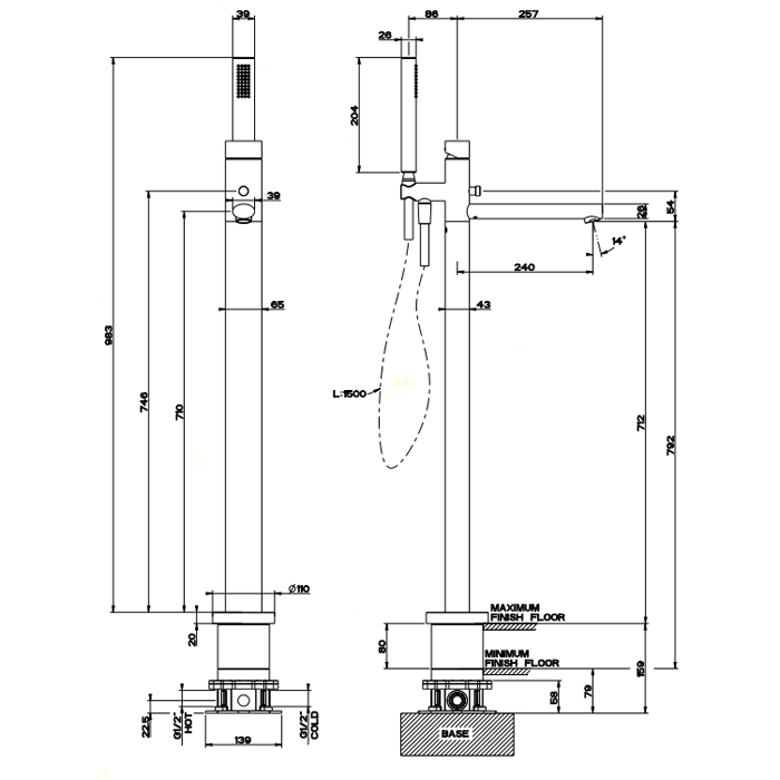 GESSI OVALE Смеситель для ванны напольный, с ручным душем и шлангом 1500 мм., внешняя часть, цвет хром