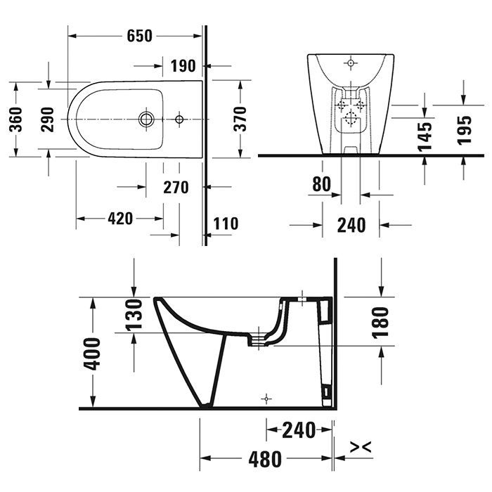 Биде, Duravit, D-Neo, тип установки-напольный, ширина, мм-370, глубина, мм-650, высота, мм-400, форма чаши-овальная, отверстия для смесителя-1, материал-керамика, крепления в комплекте, цвет-белый, артикул 2294100000
