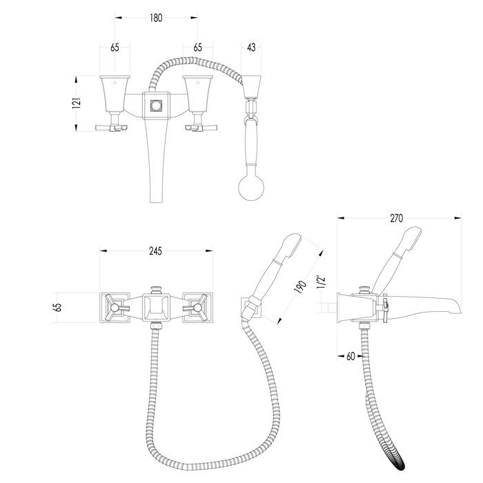 Devon Time Смеситель ванны настенный  с ручной лейкой и шлангом , цвет хром