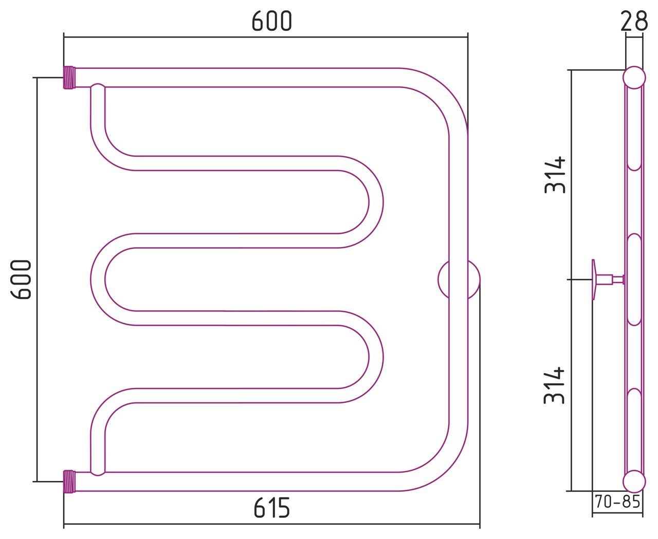 Полотенцесушитель "СТИЛЬЕ" ТАНДЕМ 600х600 резьба-сгон 1" (Без покрытия)