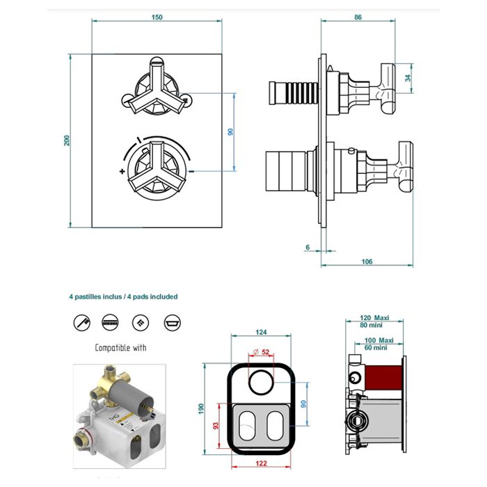 THG Les Ondes Смеситель для душа, термостатический, с переключателем на 3 потока, цвет Soft matt gold