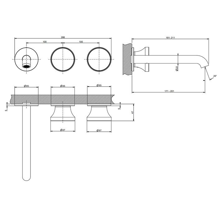 GESSI Origini Смеситель для раковины встраиваемый с изливом на 3 отв, в компл с отд вставкой, цвет хром (внешняя часть)