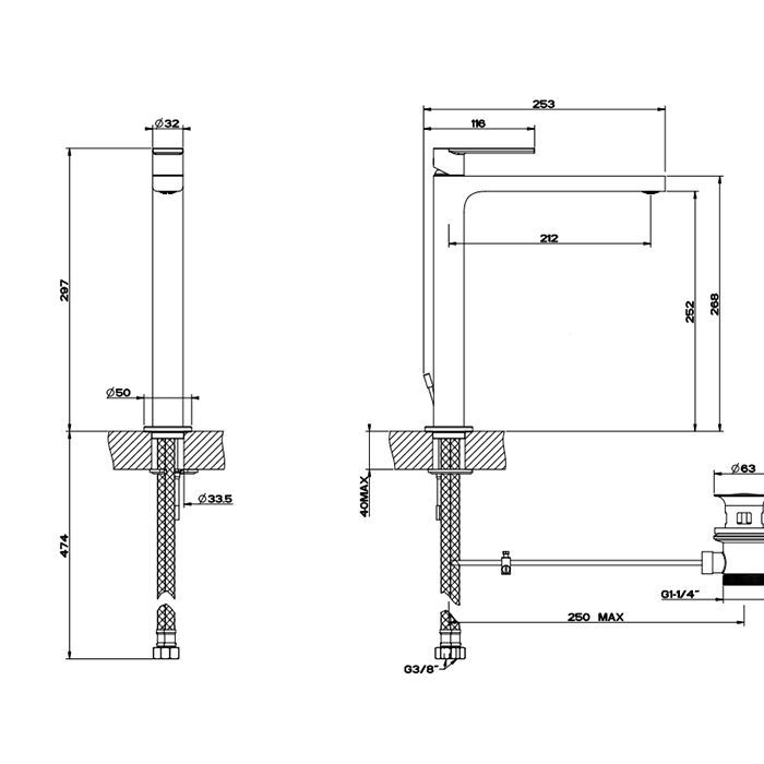 Gessi Emporio Via manzoni Смеситель для раковины высокий с донным клапаном и соединительными шлангами, цвет: Chrome, артикул 38604#031