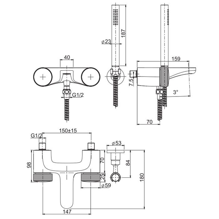 FIMA|Carlo Frattini Texture Collection Смеситель для ванны внешнего монтажа, ручки "H", без накладок, с душевым комплектом, цвет хром