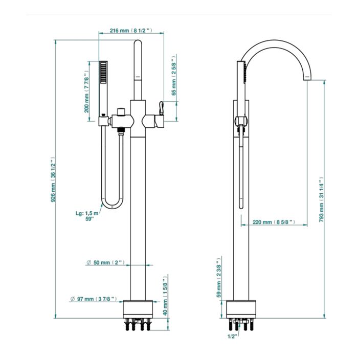 THG Collection O Смеситель напольный для ванны, 1 отв, с ручным душем, цвет Soft matt gold