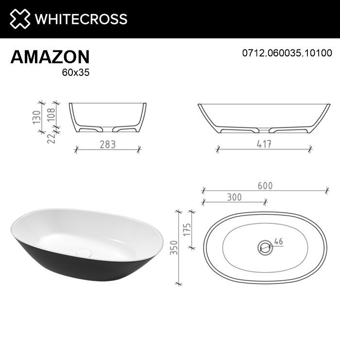 Умывальник WHITECROSS Amazon 60x35 (черный/белый глянец) иск. камень