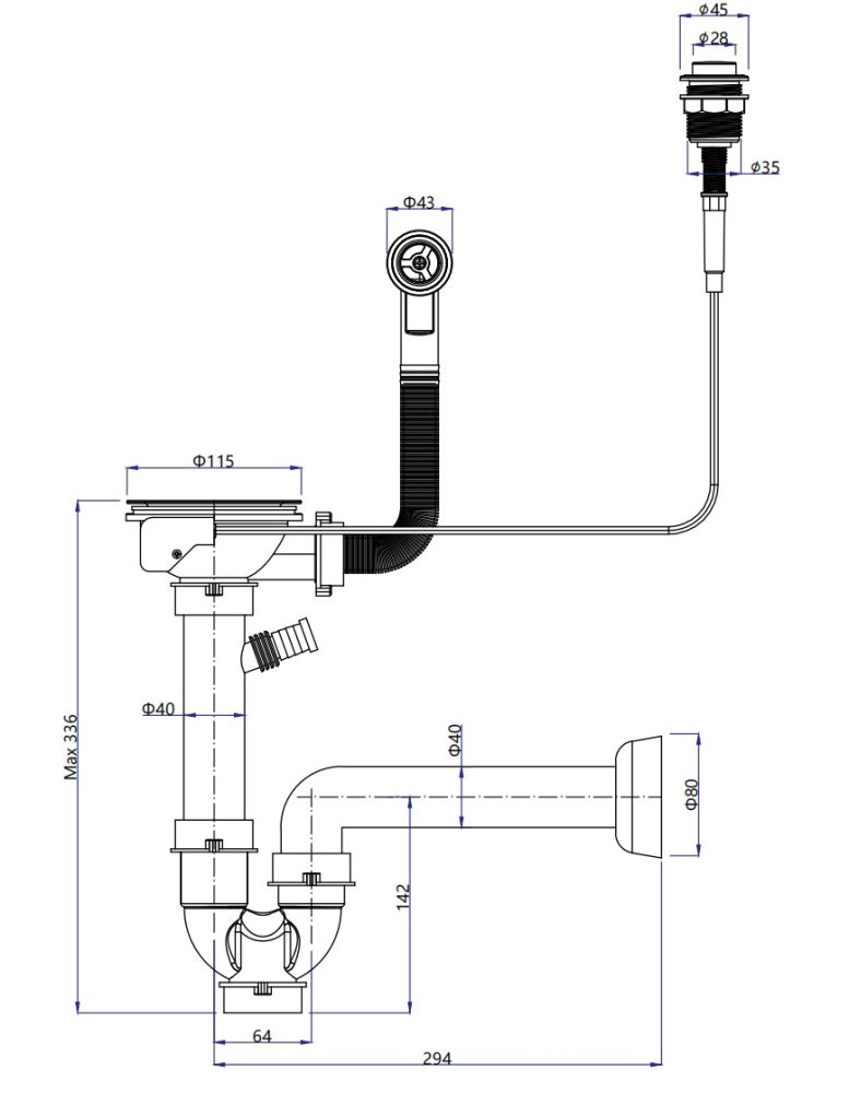 Сифон одинарный  3 1/2" п/авт с круг пер черный, артикул 13PB2-P2  павт  черн
