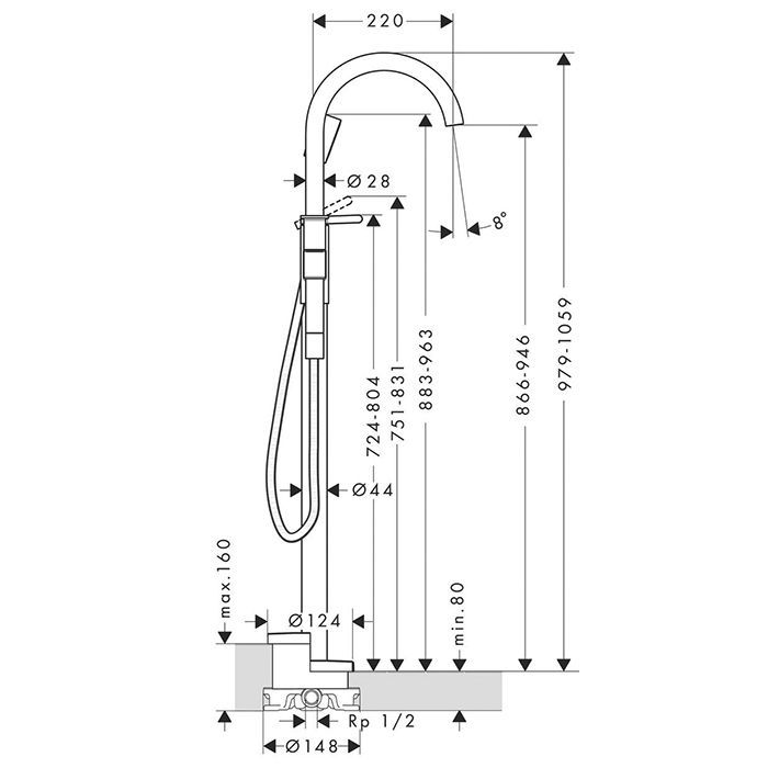 AX One Смеситель для ванны, напольный, хром AX One Смеситель для ванны, напольный, хром