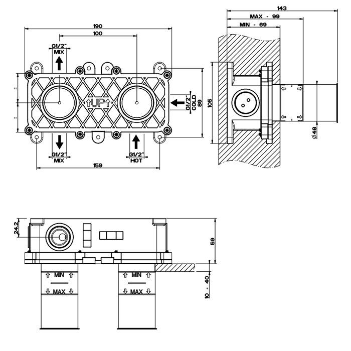 GESSI Встраиваемая часть однорычажного смесителя для ванны/душа, цвет Steel brushed