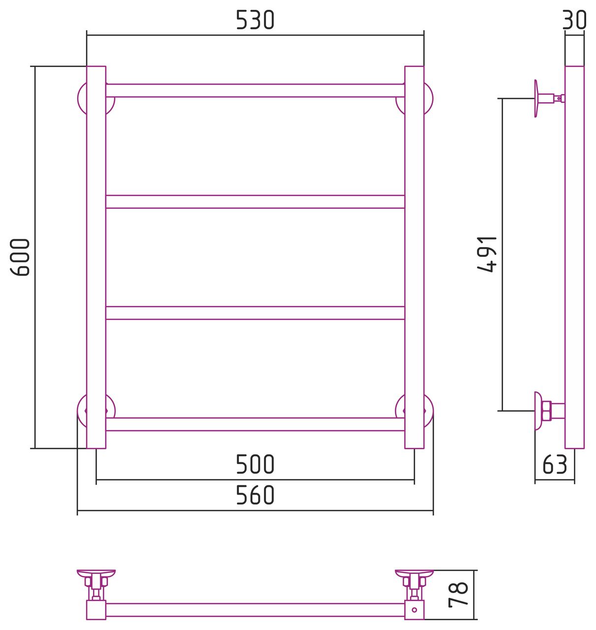 Полотенцесушитель водяной СТИЛЬЕ "Версия-КН" 600х500 (4) П 20х20 (Белый)
