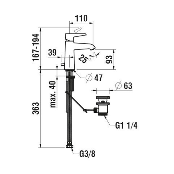 Смеситель для раковины, Laufen, Val, тип открывания воды-однорычажный, отверстия для монтажа-1, вынос излива, мм-110, донный клапан-есть, цвет-хром