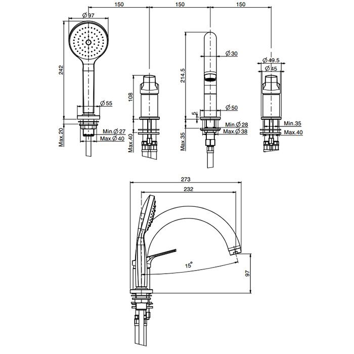 Fima Carlo Frattini Serie 4 Смеситель на борт ванны, на 4 отв., с ручным душем, цвет: хром
