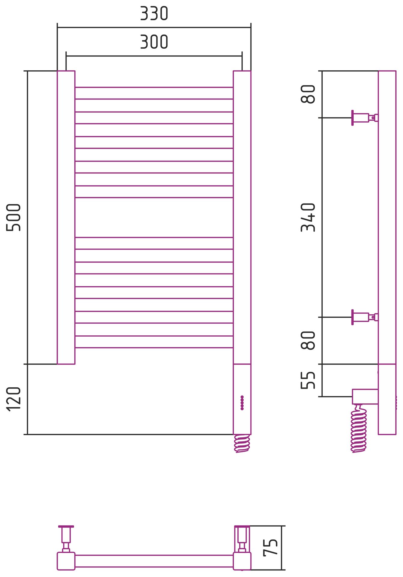 Полотенцесушитель электрический "МОДУС 3.0" 500х300 / МЭМ правый (Матовый чёрный)