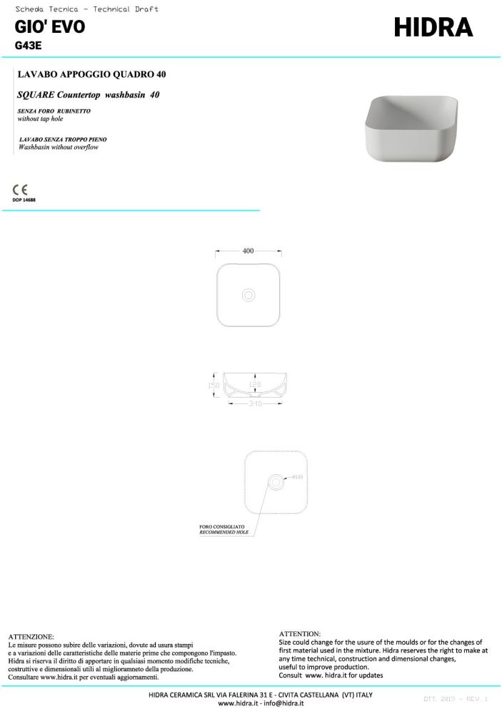 Hidra Gio, накладная квадратная раковина 40х40х15h см, цвет белый глянцевый, артикул G43E/001