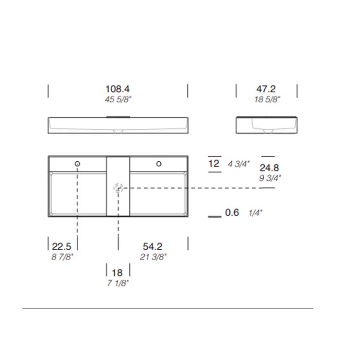 MILLDUE  Раковина  MAN 108 накладная из CRISTALPLANT ,108,4х47,2 см, с 2 отв для смесителя, цвет белый матовый