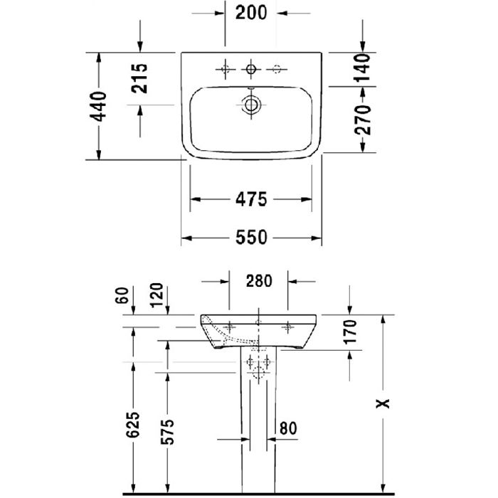 Duravit DuraStyle Раковина подвесная с переливом, 550х440 мм , с 1 отв под смеситель, цвет белый