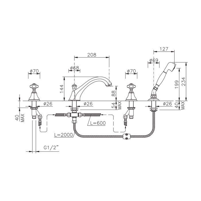 Nicolazzi Teide Chic Смеситель на борт ванны, 4 отв., излив: 223 мм, с ручным душем, цвет: золото