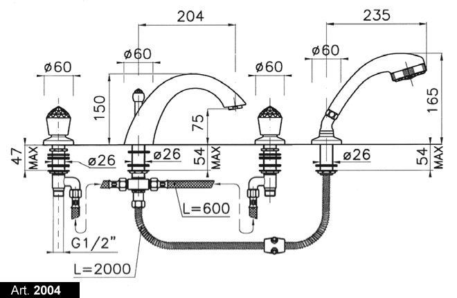 Nicolazzi Cristallo Смеситель для ванны на 3 отверстия, с переключателем, изливом 223мм и ручным душем, цвет:  золото
