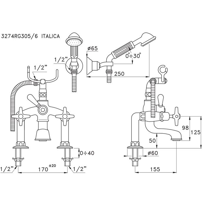 Stella Italica Смеситель на борт ванны на 2 отверстия 3274RG305/6 с ручным душем, цвет: хром