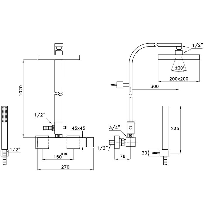 Stella Bamboo Quadro Душевой комплект 3283/420/304-200: смеситель, штанга+ручной+верхний душ 200мм, цвет: хром